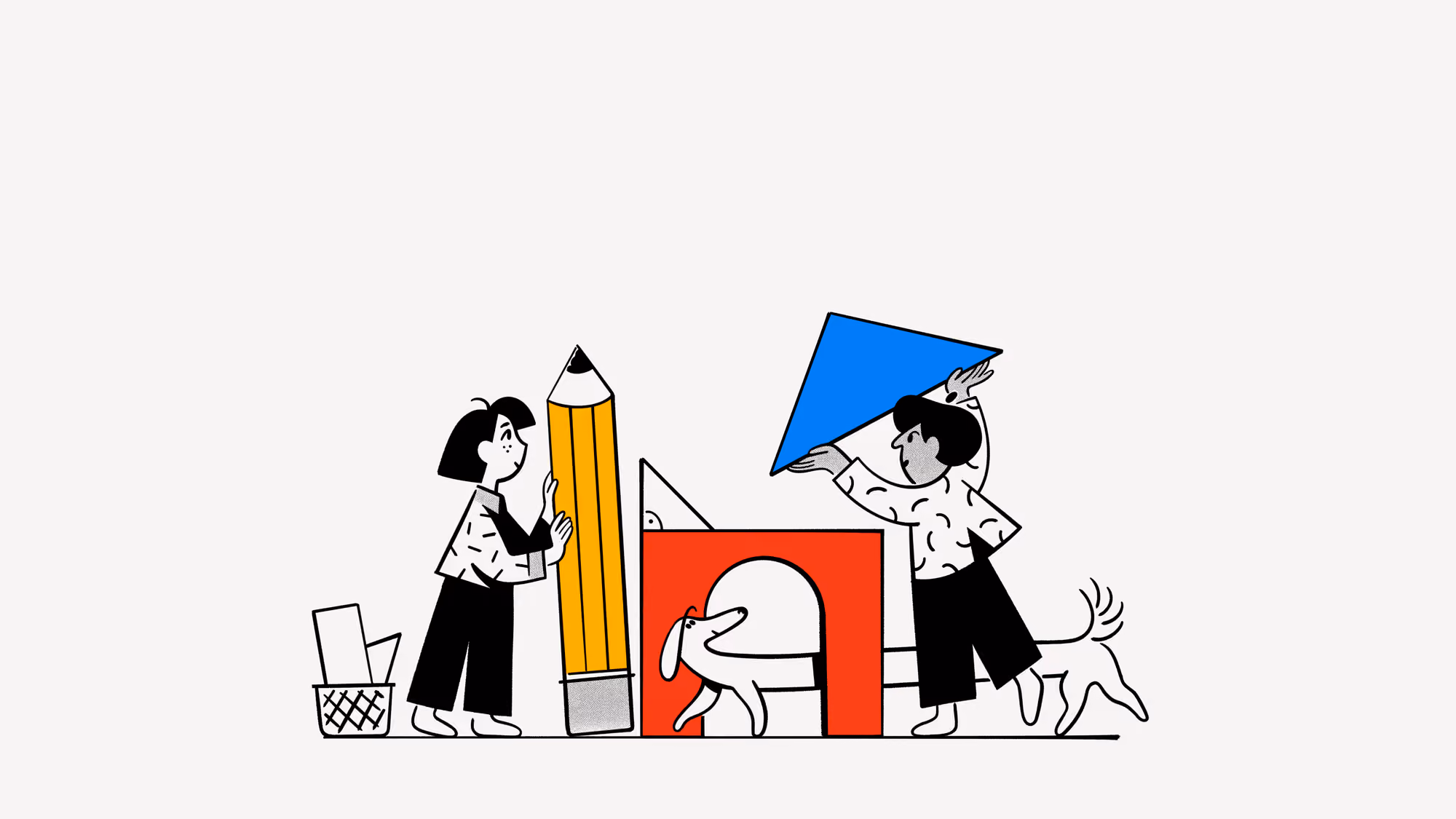 2 personnages et un chien en train de construire une structure avec des formes géométriques et un crayon à papier