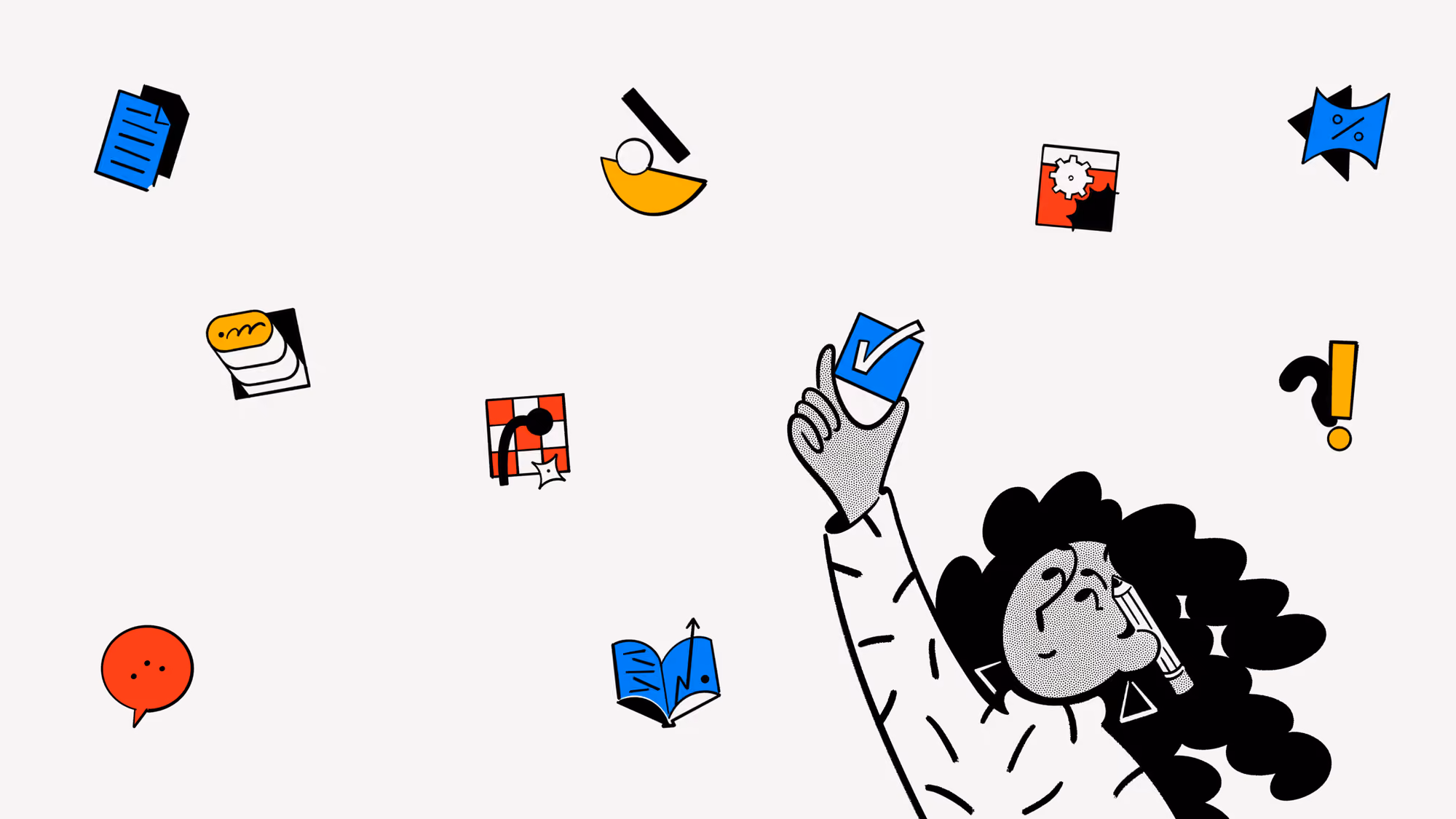 Personnage regardant vers le haut et tenant une case à cocher entre son pouce et son index avec d'autres illustrations dans les airs.