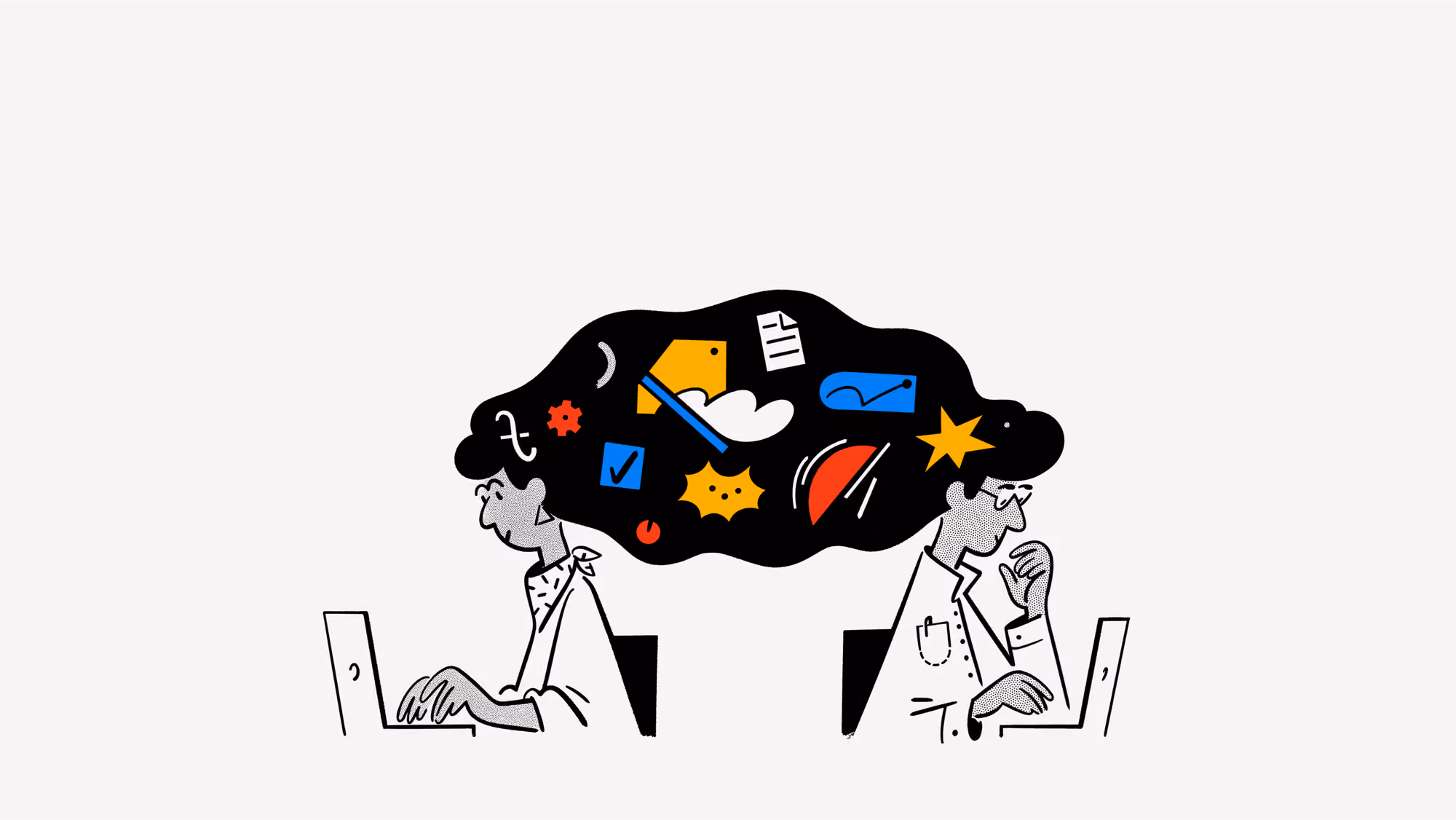 Illustrations de 2 personnages travaillant sur leur ordinateur et partangeant la même chevelure.