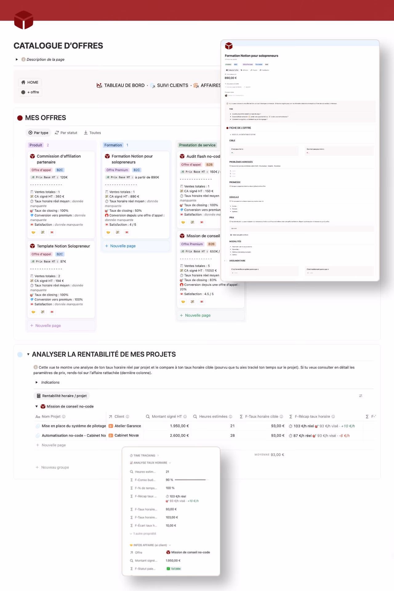 Capture d'écran de la page Offres du Workspace, présentation des offres et prestations