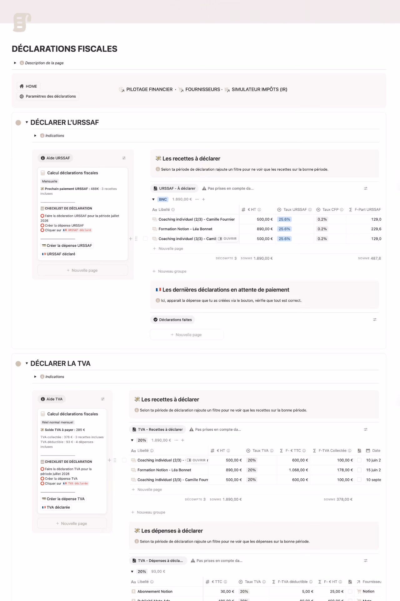 Capture d'écran de la page Déclarations fiscales du Workspace, suivi des échéances fiscales