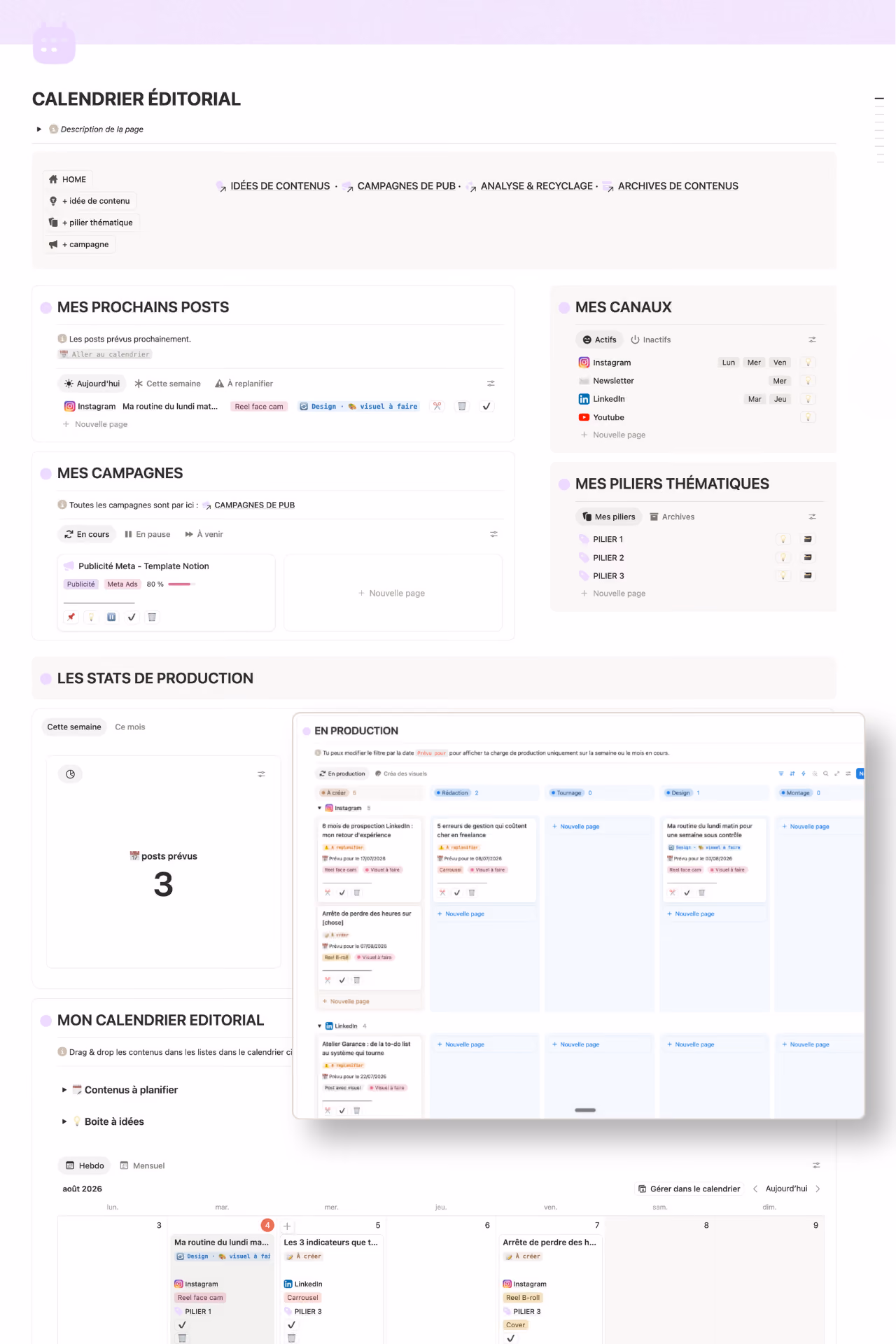 Capture d'écran de la page Calendrier éditorial du Workspace, planification des contenus