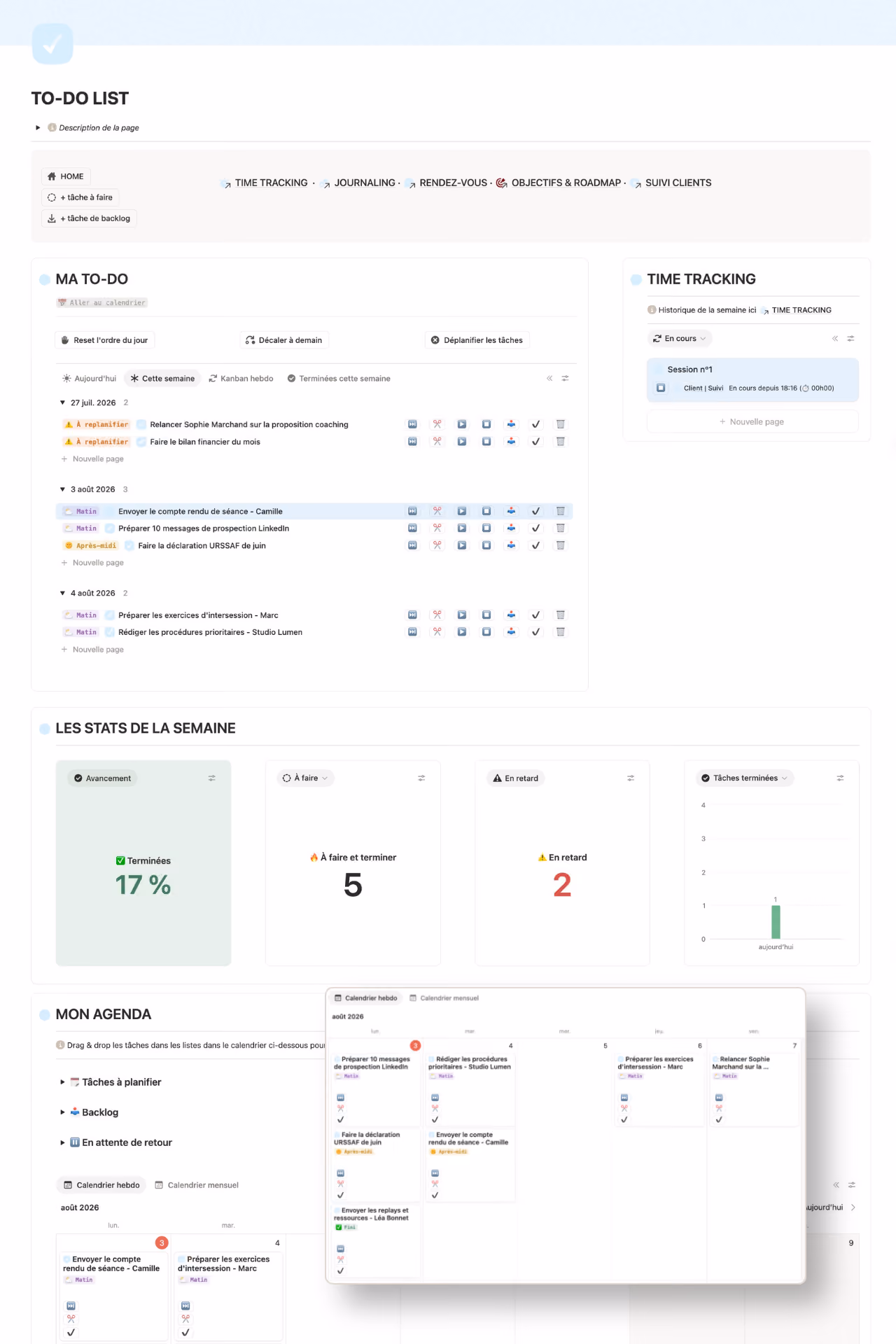 Capture d'écran de la page To-do list du Workspace, gestion des tâches quotidiennes