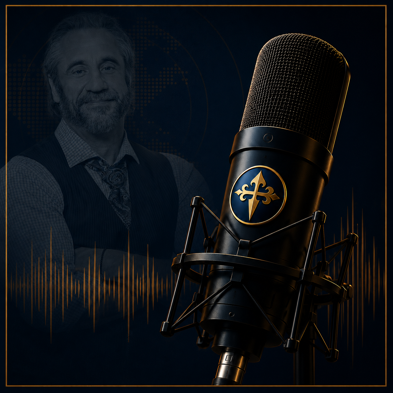 Black studio microphone with golden emblem in front of a man with folded arms and soundwave graphic.