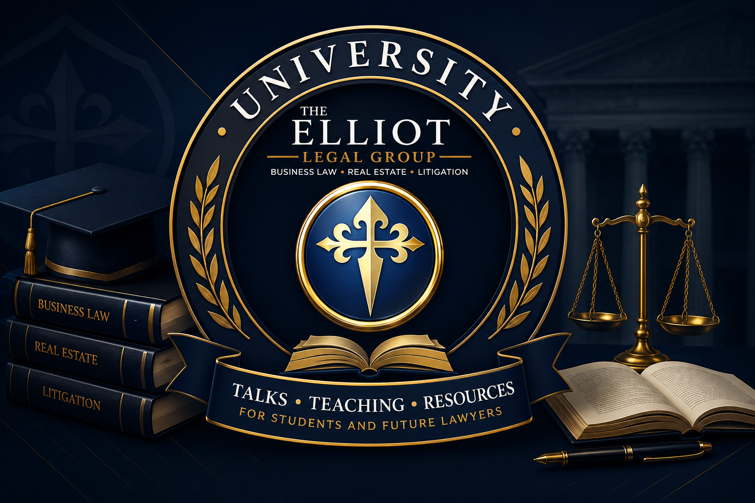 University emblem with legal group name, law books, scales of justice, graduation cap, and open book on dark background.