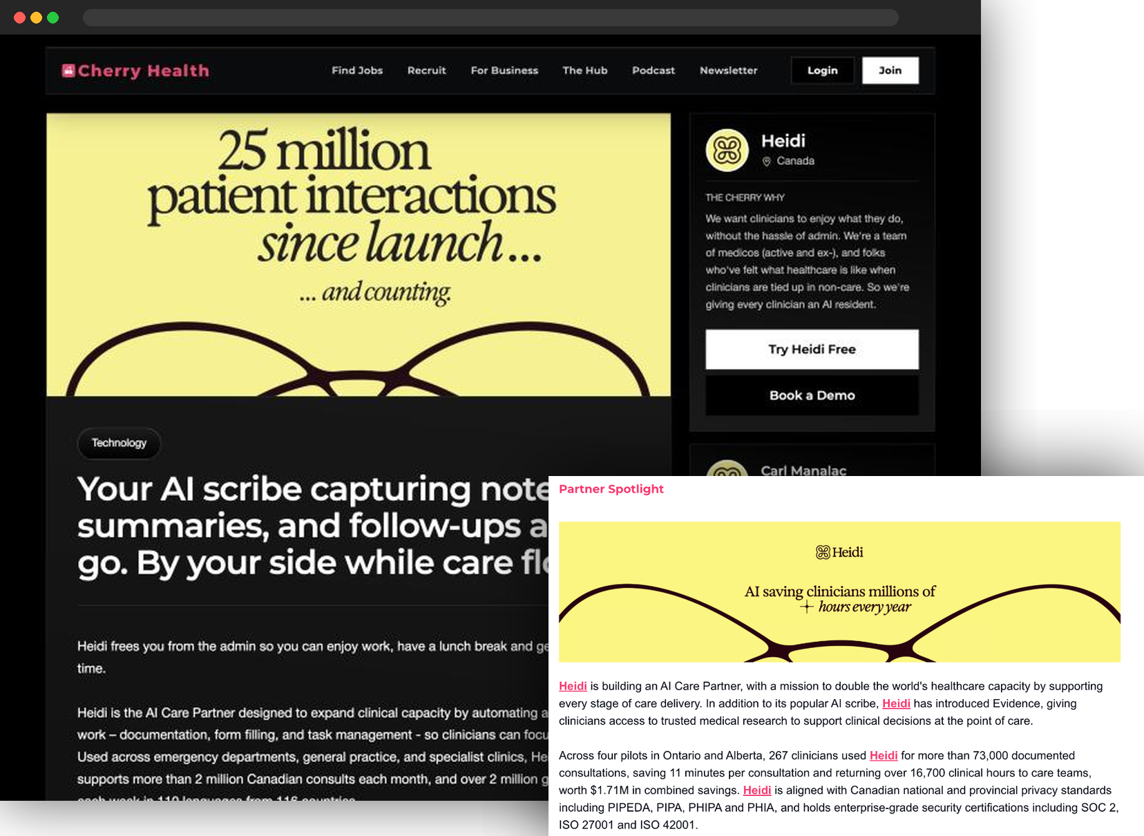Heidi partner landing page and the Cherry Health newsletter partner spotlight on Heidi