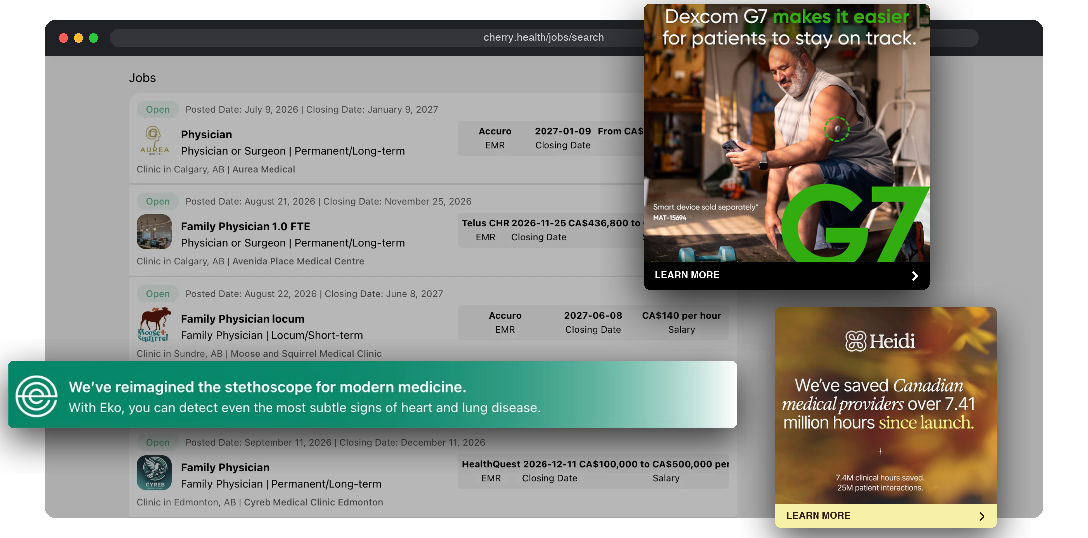 Cherry Health jobs page with Dexcom, Heidi and Eko partner ads