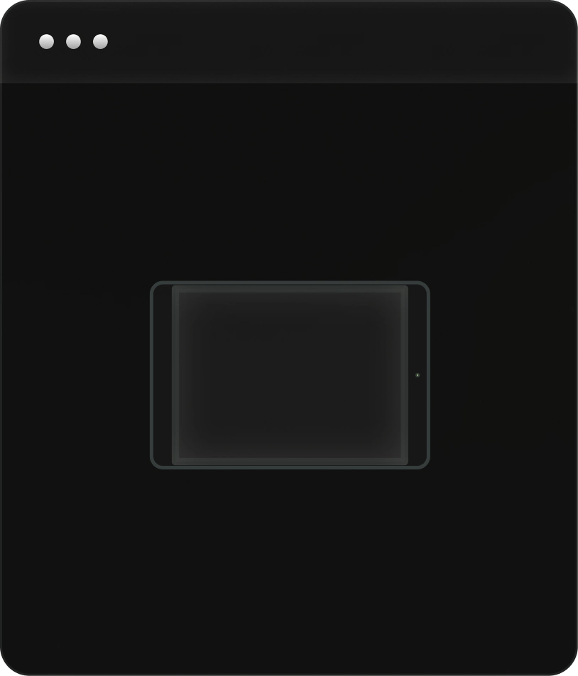 Browser window displaying a centered dark tablet device outline on a black background.