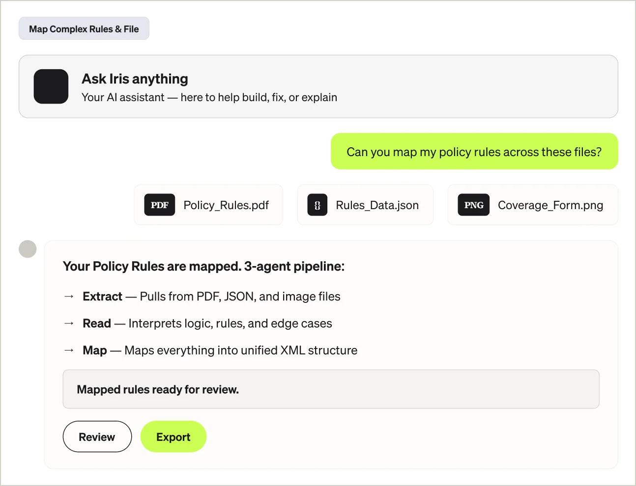 InfrasAI assistant mapping annuity suitability rules from a PDF, validating responses, building a structured report, and routing it for compliance review.