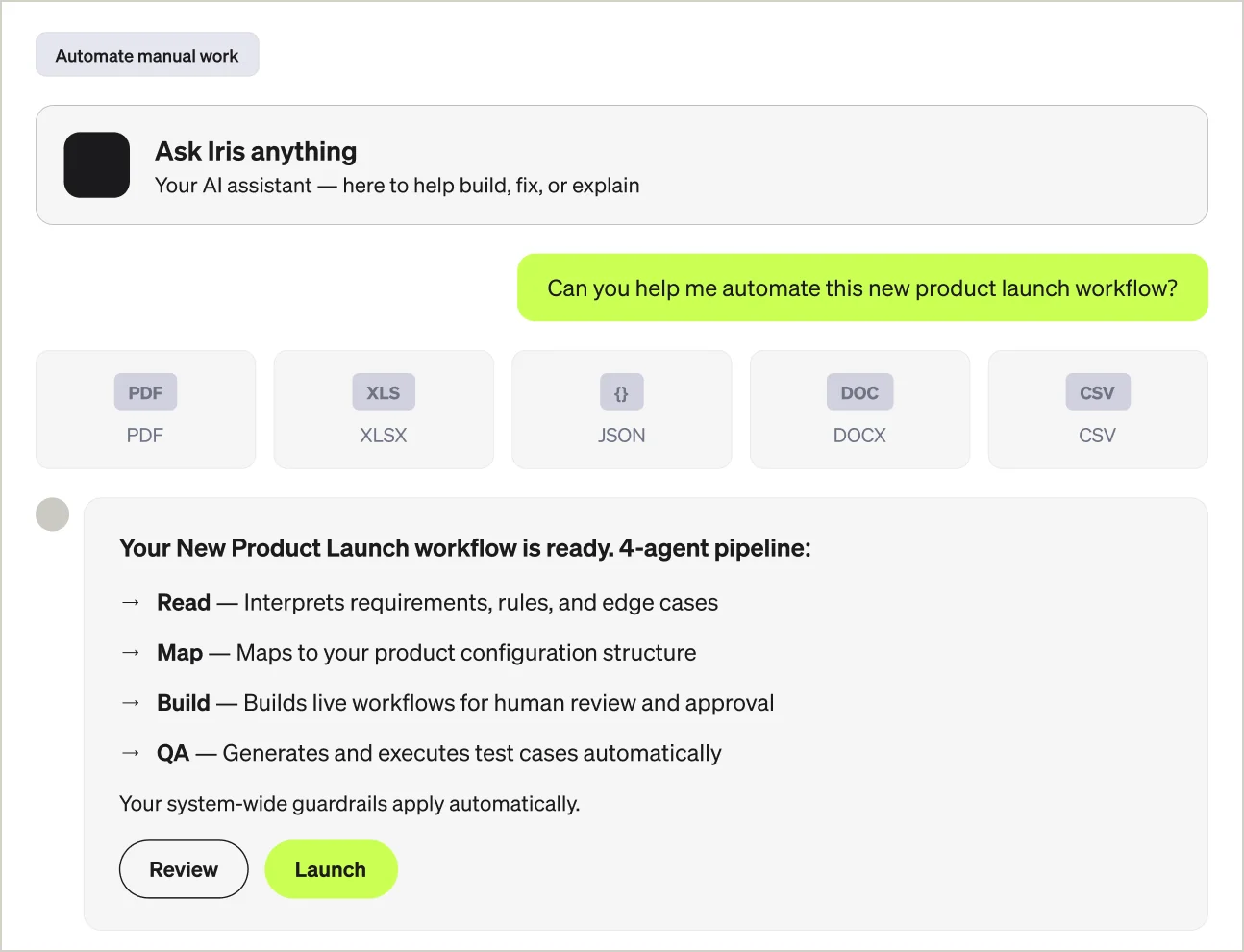 InfrasAI assistant automating an RFP intake workflow by reading PDF, XLSX, JSON, DOCX, and CSV files and creating routing rules.