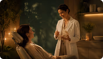 Dentist smiling and explaining a dental model to a seated female patient in a warm office.