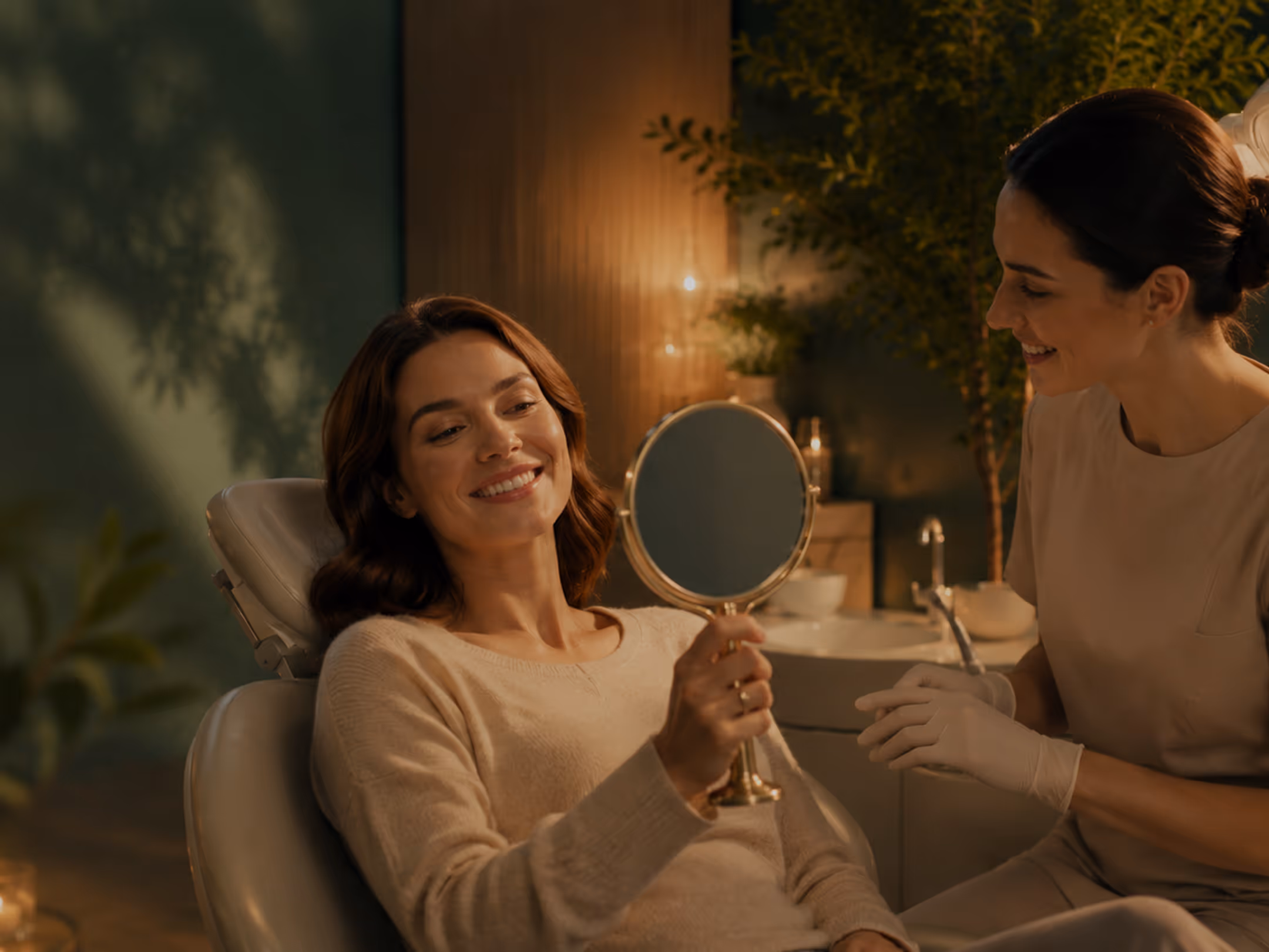 Woman smiling while holding a hand mirror in a dental or cosmetic clinic with a smiling professional.