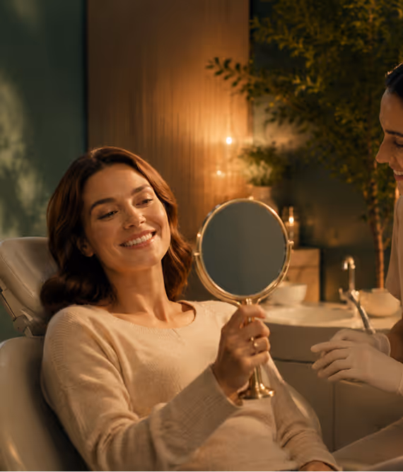 A smiling woman sitting in a clinic chair holding a round mirror, looking at her reflection.