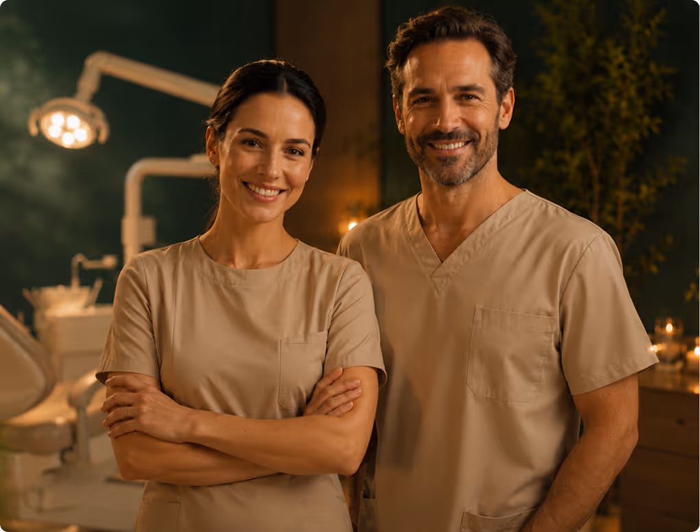 Smiling male and female dentists in beige scrubs standing in a dental office with equipment in background.