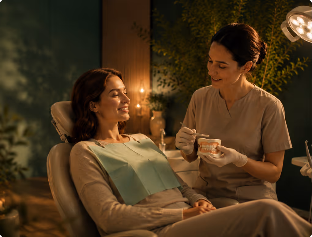 Dentist explaining dental care with a teeth model to a smiling patient in the dental chair.