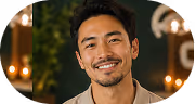 Smiling man with short dark hair and trimmed beard in warmly lit setting.
