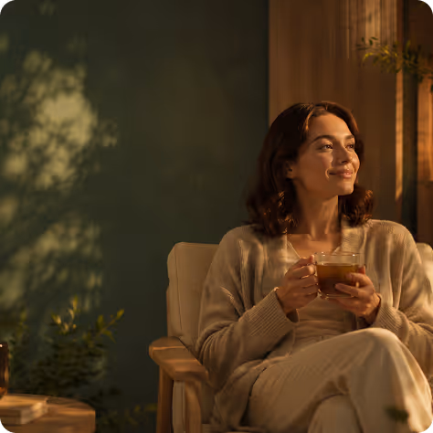 Woman sitting relaxed in a chair holding a cup, bathed in warm sunlight in a cozy room.