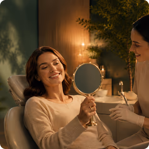 Woman smiling and holding a hand mirror while a cosmetologist in gloves talks to her.
