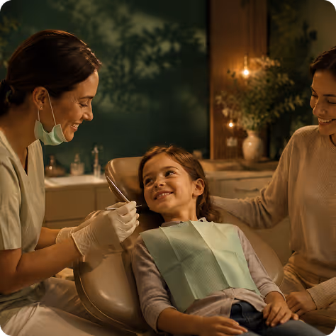 Smiling young girl in dental chair with dentist and her mother during dental checkup.