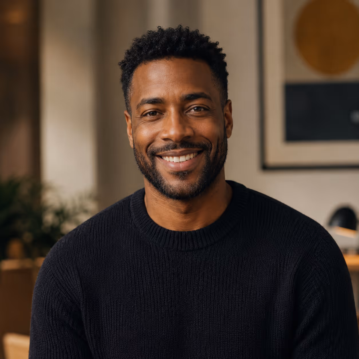 Smiling man with short curly hair and beard wearing a black sweater in a cozy room.