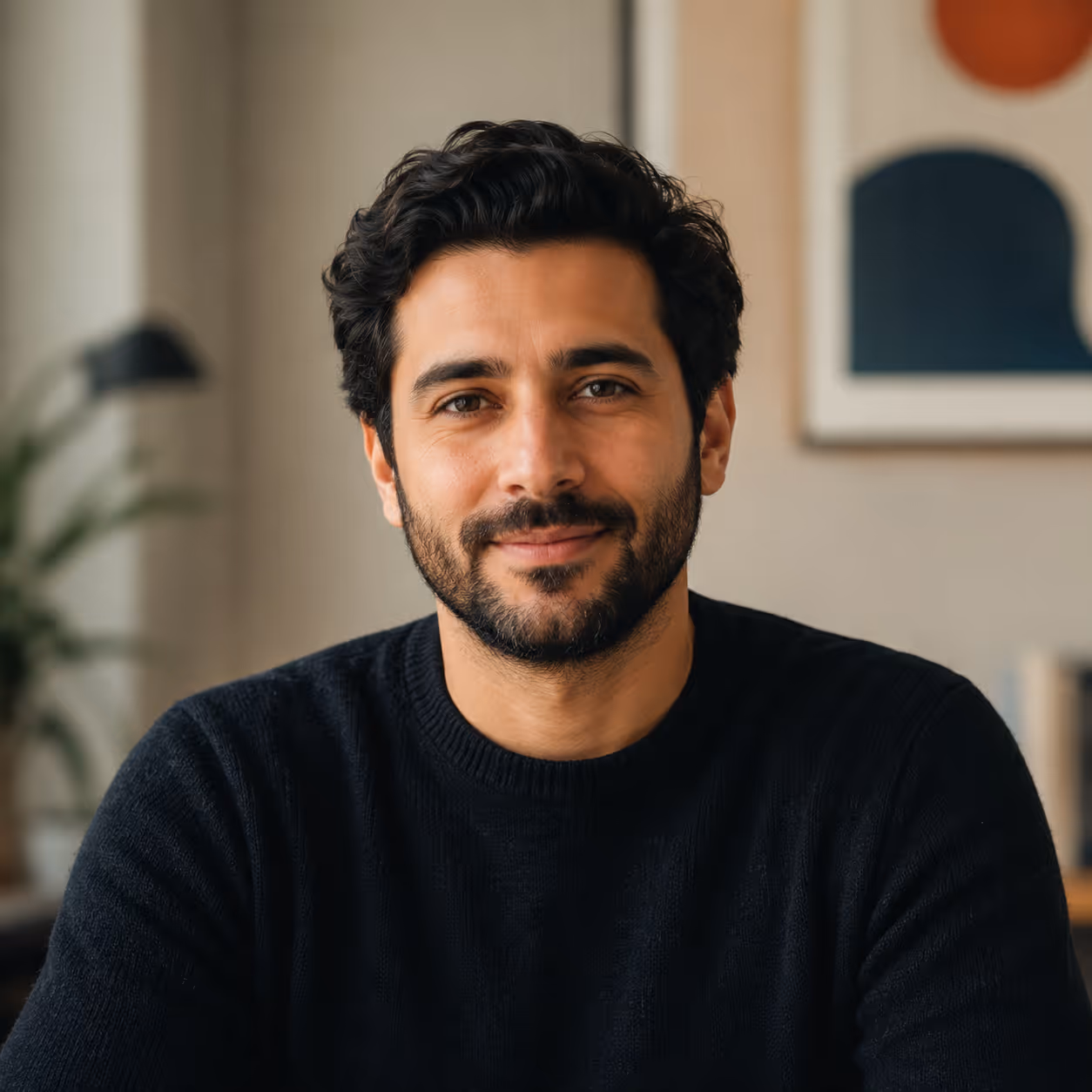 Smiling man with dark curly hair and beard wearing a black sweater in a cozy room.