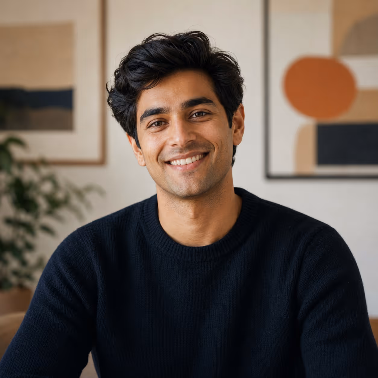 Smiling man with dark hair wearing a black sweater sitting indoors with abstract art behind him.