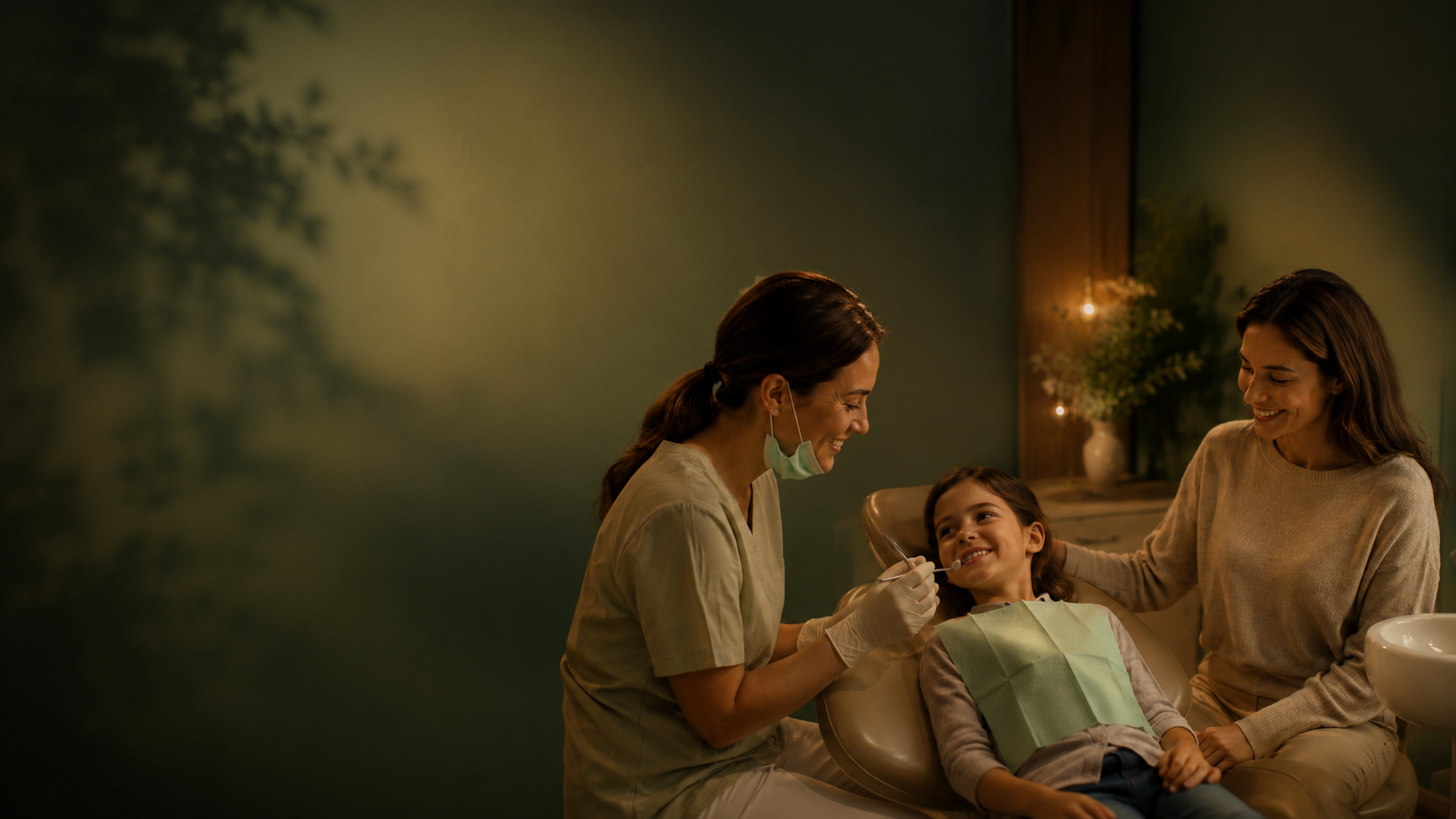 Smiling dentist with mask lowered checking a happy girl's teeth while her mother watches and smiles.