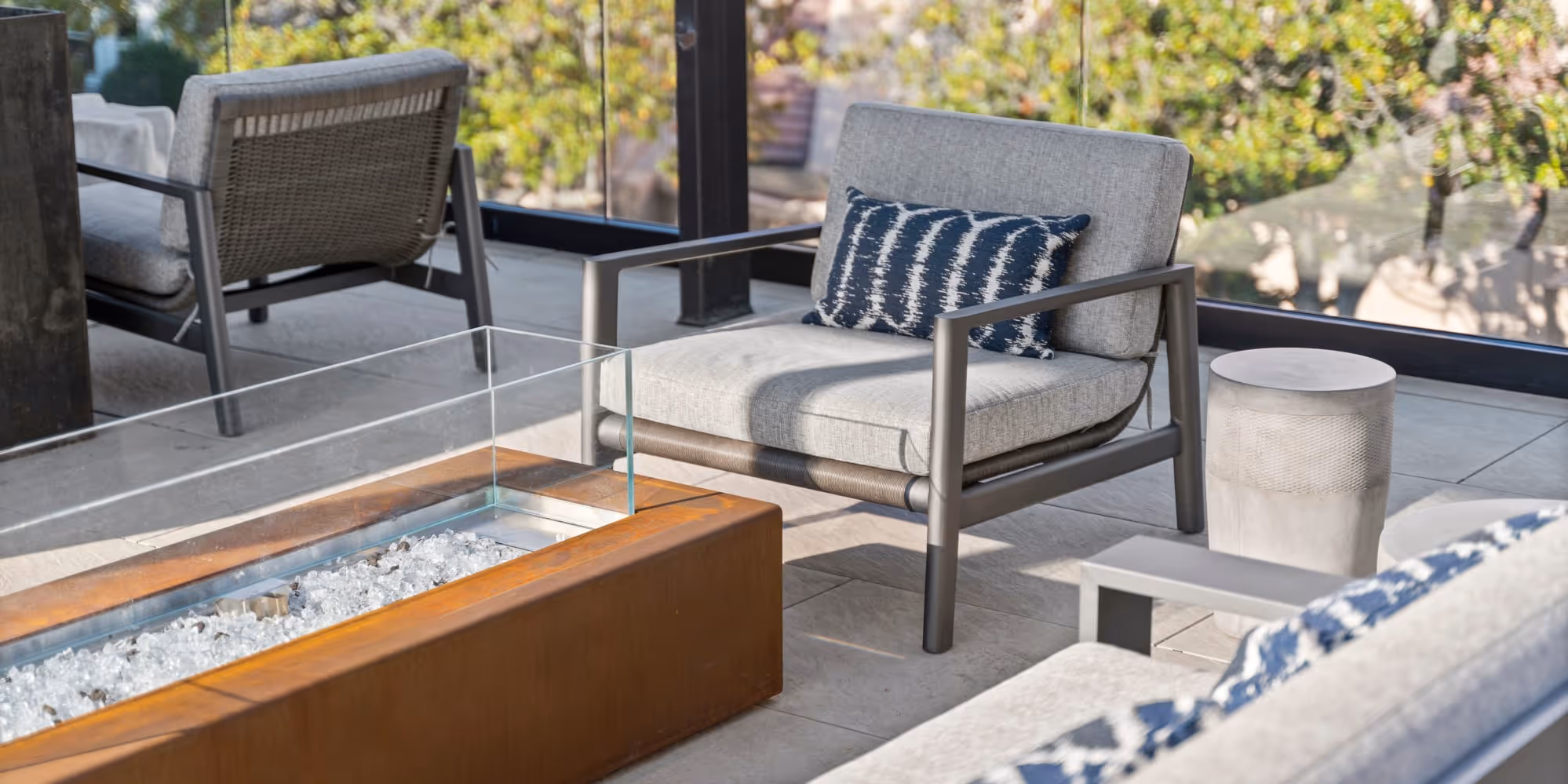 Seating surrounding fireplace