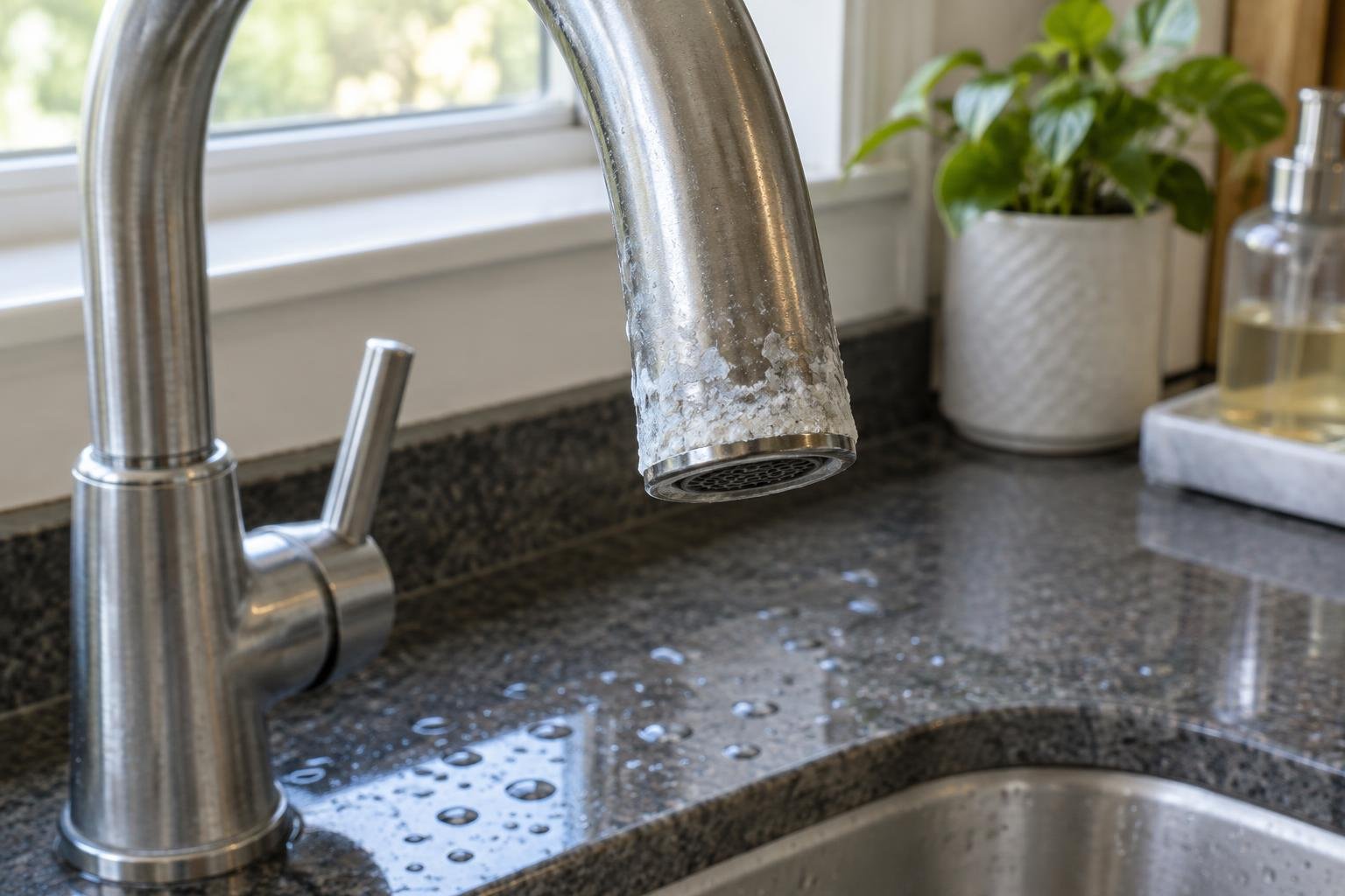 Close-up of a kitchen faucet with white mineral scale buildup from hard water
