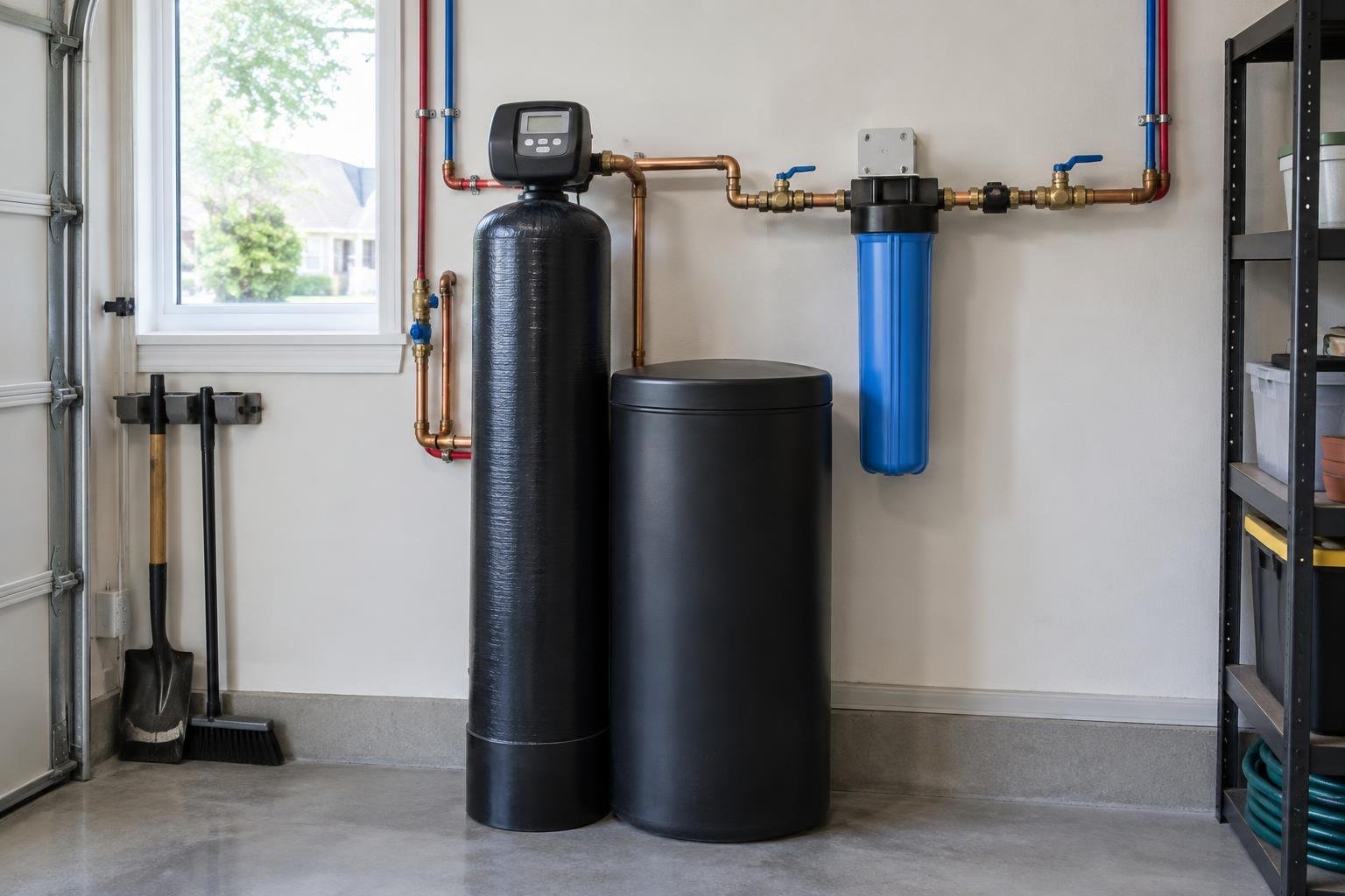Water softener tank, salt brine tank and whole house filter installed on a home's main water line in a garage