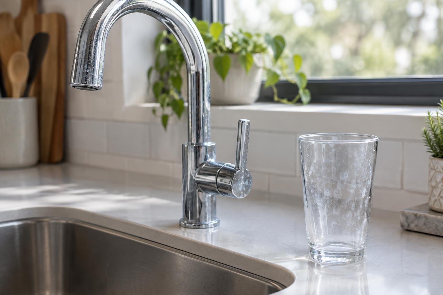 Chrome kitchen faucet and a spotted drinking glass on a counter in daylight, showing hard water mineral residue
