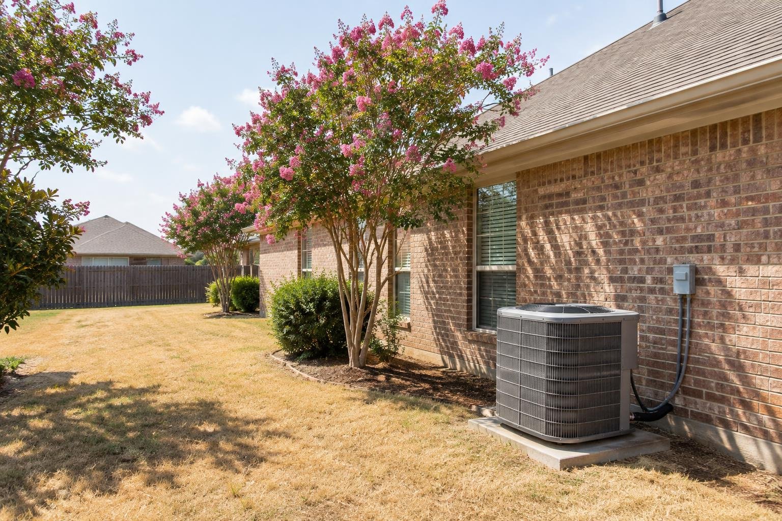 Outdoor air conditioning unit beside a brick Texas home on a hot, sunny summer afternoon