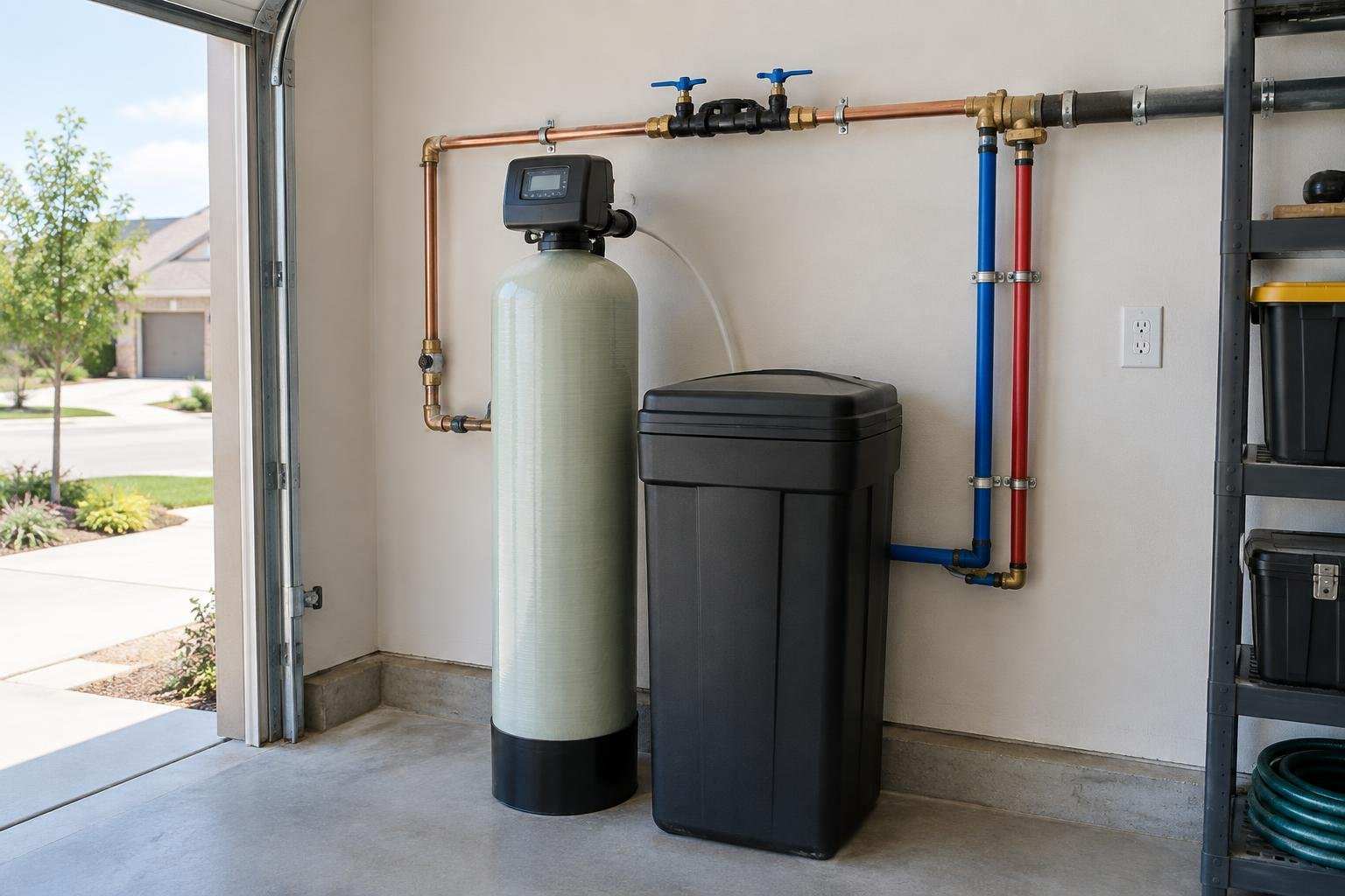 Whole-house water filtration tank and softener brine tank plumbed into the main water line in a home garage