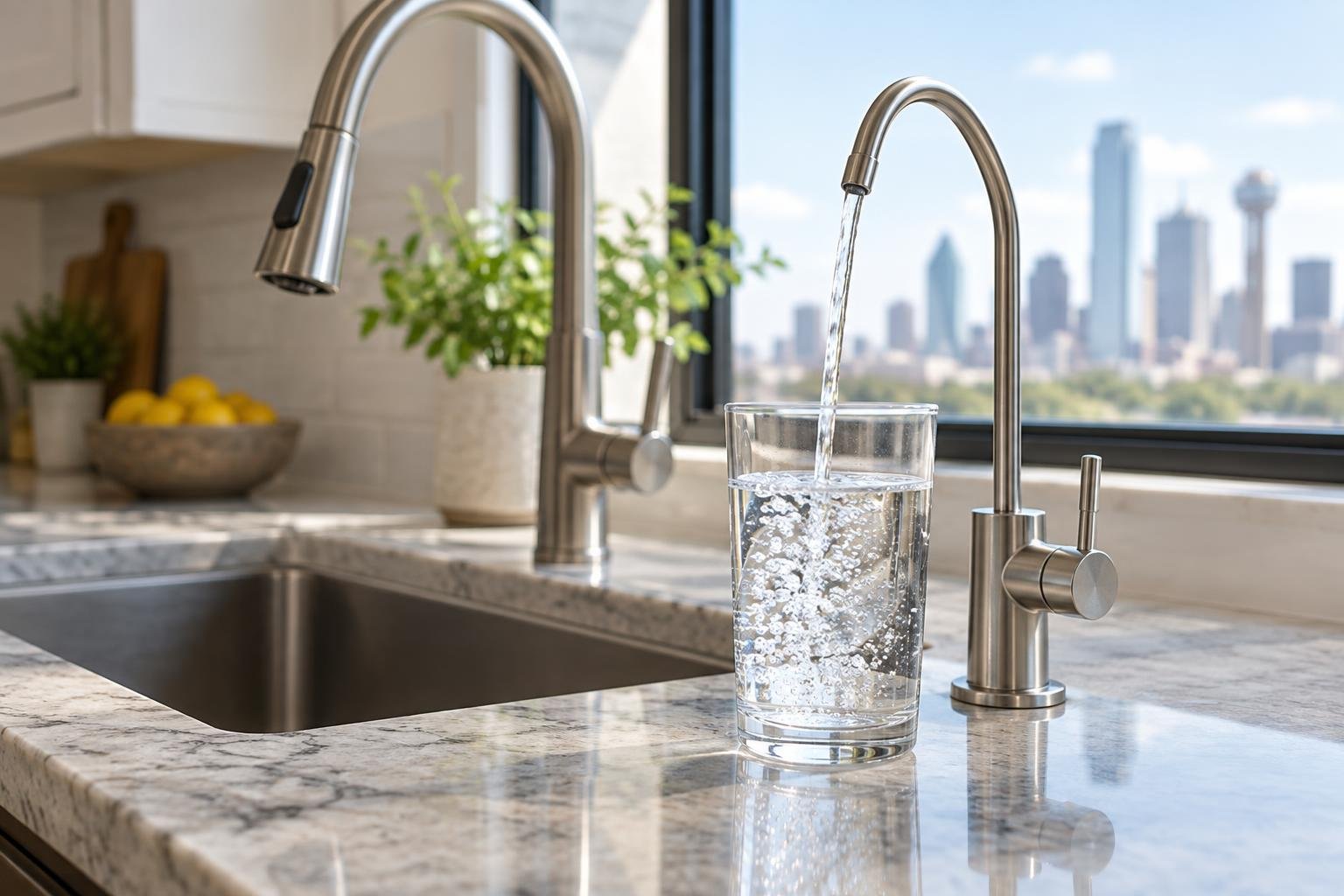 A glass of clear water being filled from a dedicated drinking water faucet next to a kitchen sink in a sunlit home