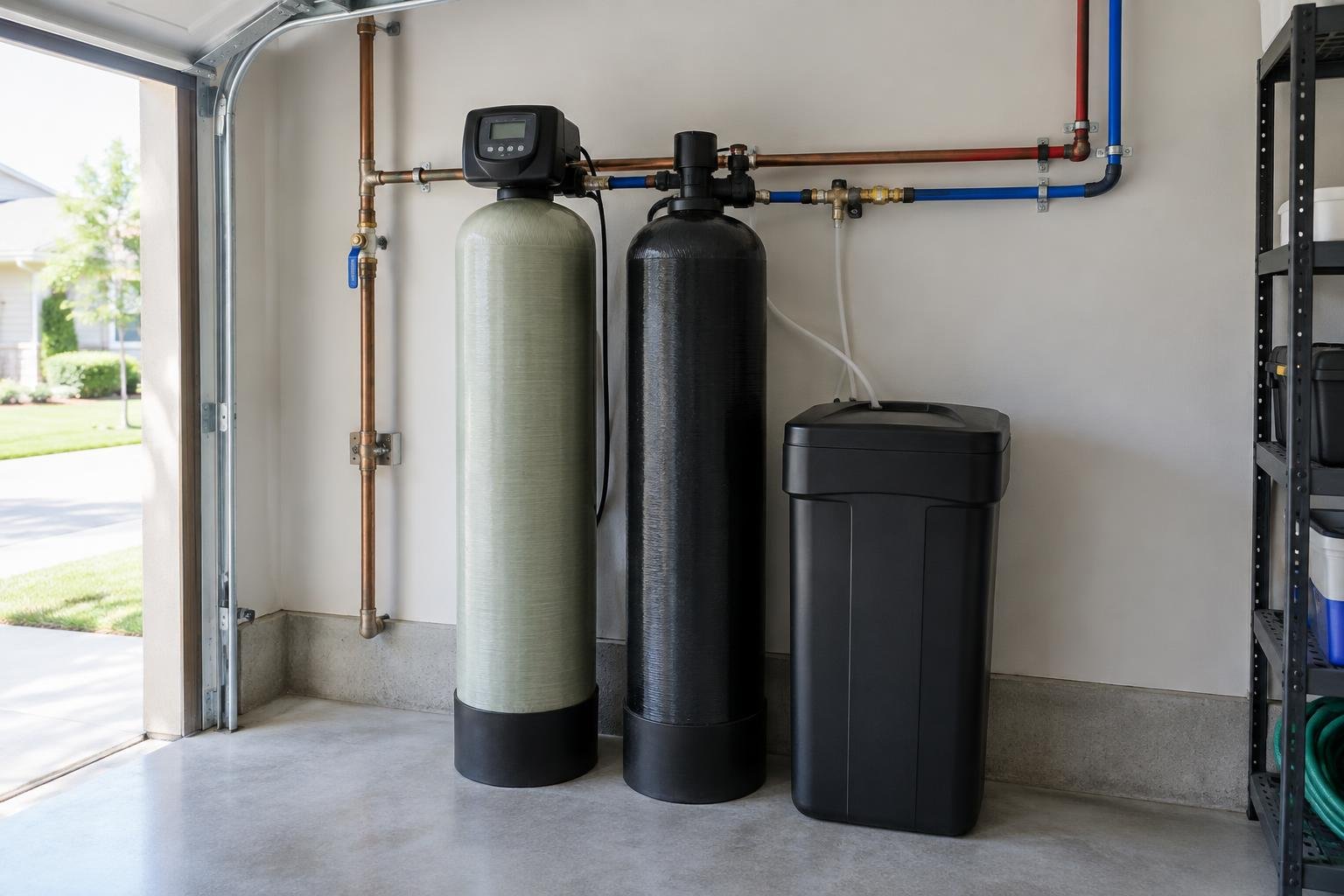 Whole-house water filtration tanks and a salt tank plumbed into the main water line in a clean home garage