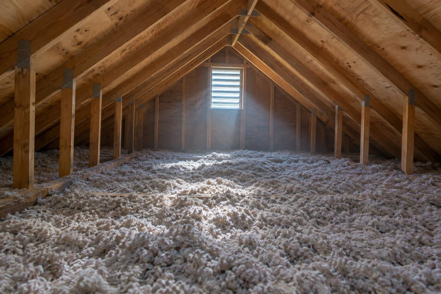 Residential attic with deep blown-in insulation covering the floor between wooden joists, lit by daylight from a vent