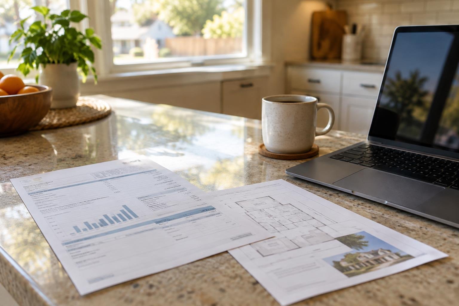 Electricity bill and plan paperwork on a kitchen counter next to a laptop in morning light