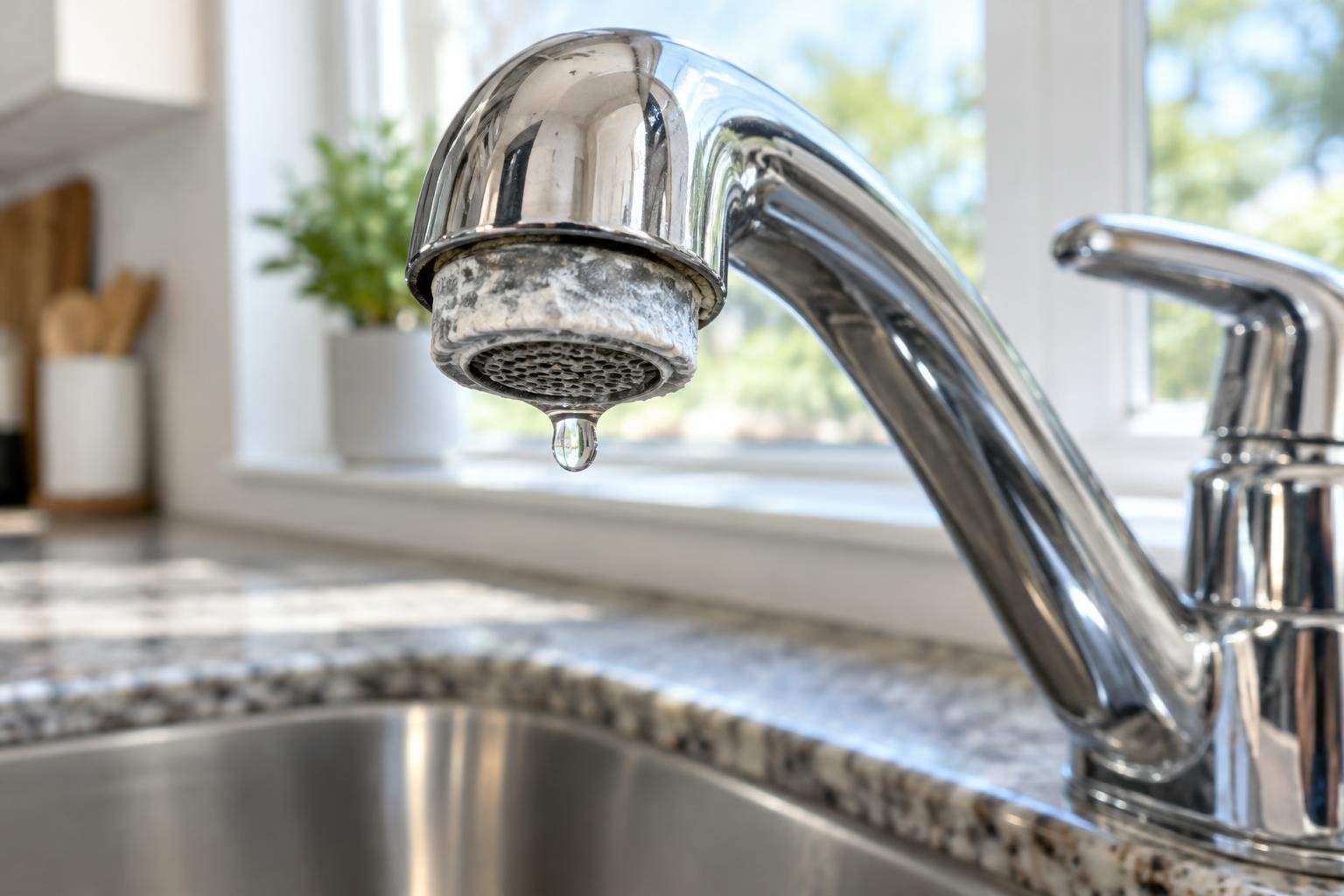 Close-up of a chrome kitchen faucet with white mineral scale buildup around the aerator