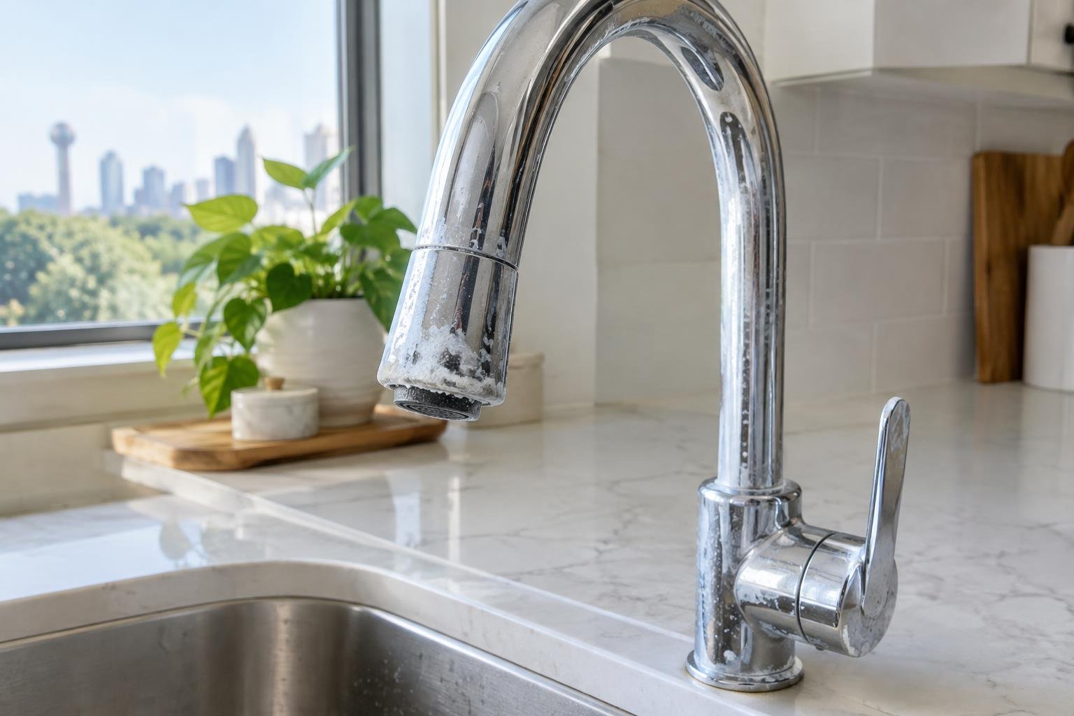 Chrome kitchen faucet with white mineral scale buildup on the spout in a sunlit kitchen