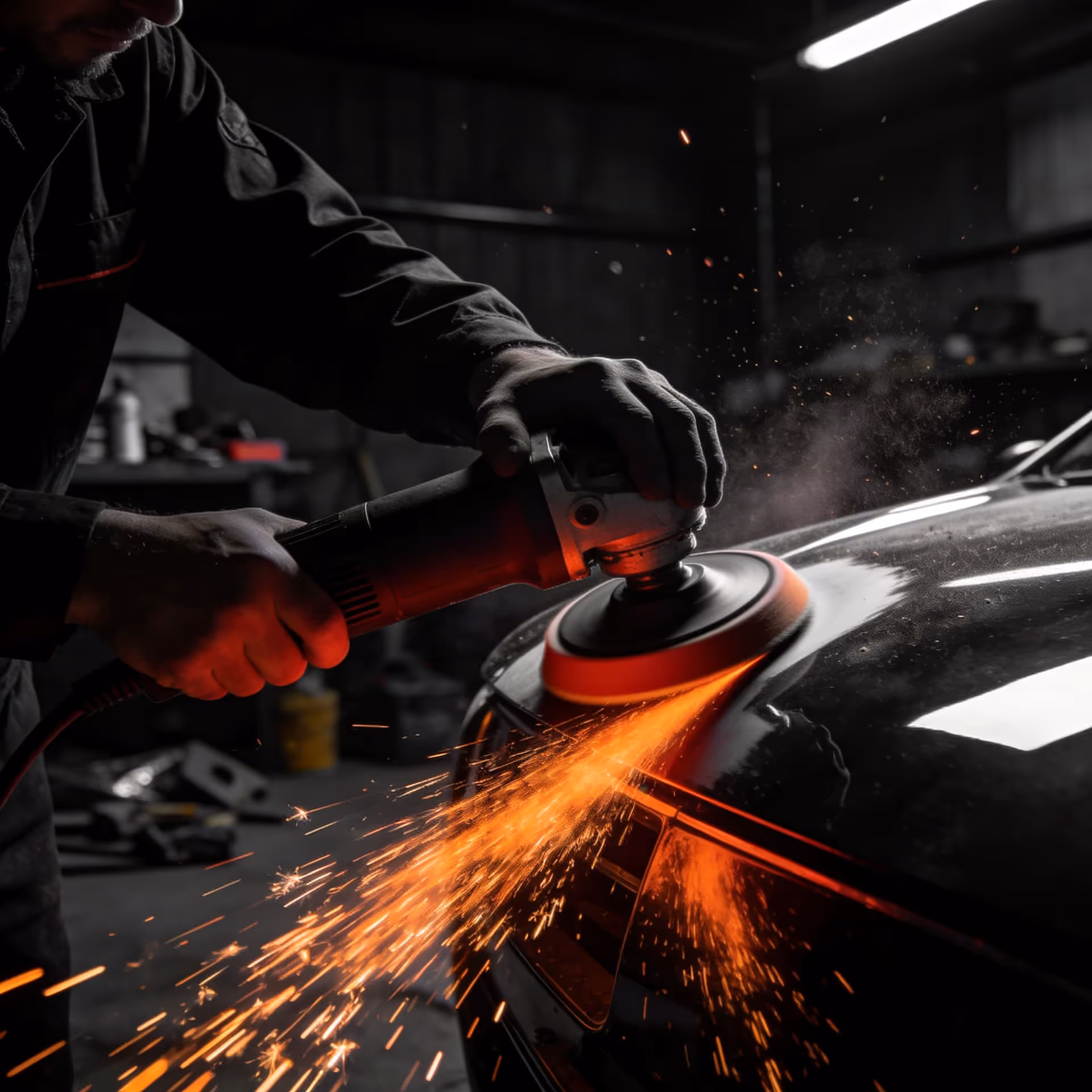 Worker using a power buffer on a black car hood with sparks flying in a workshop.