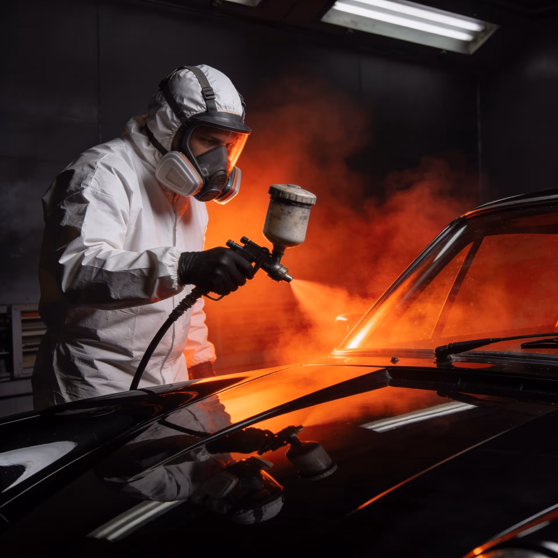 Person in white protective suit and mask spray painting a black car with orange paint.