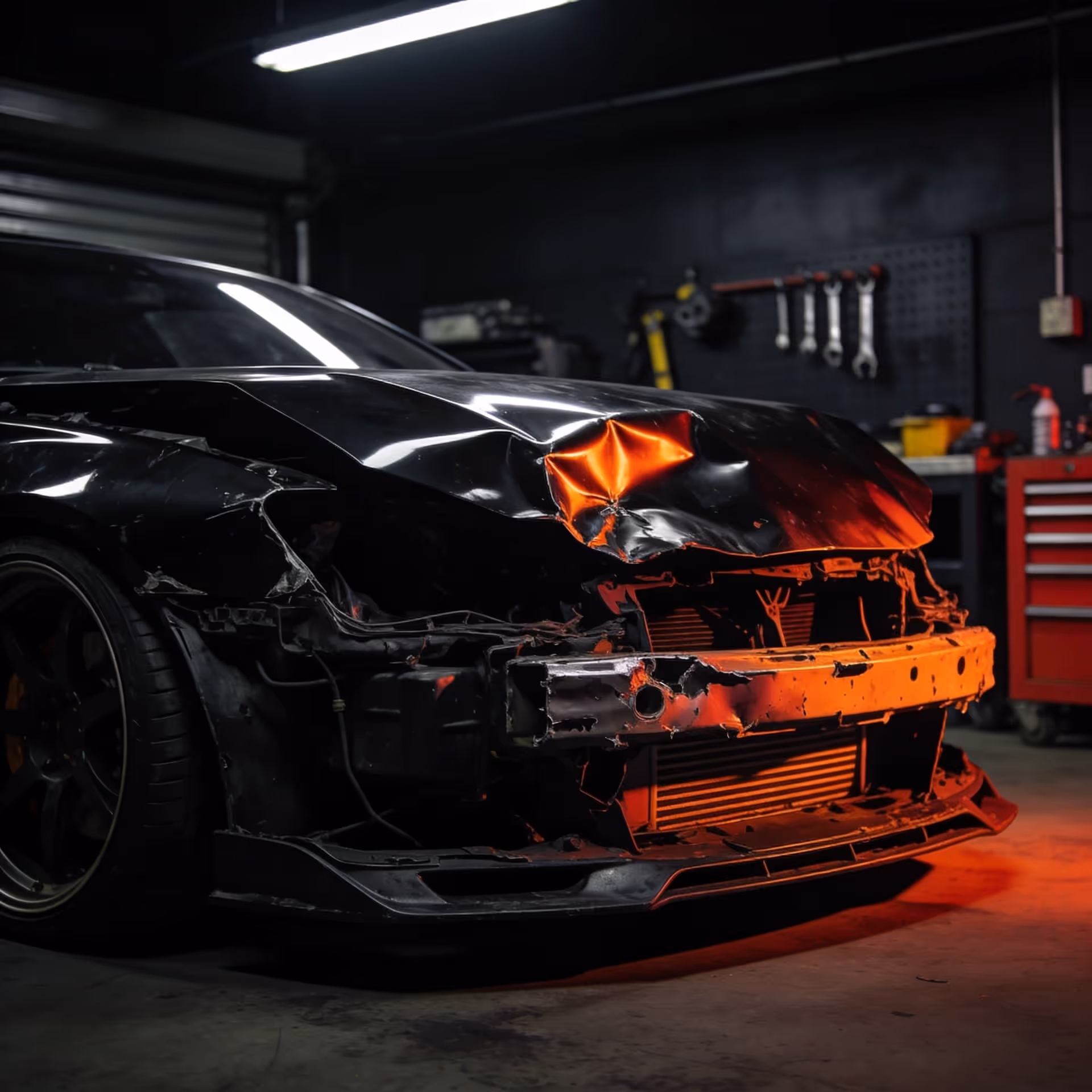 Front of a black car with a severely crushed hood and bumper in a dimly lit garage.