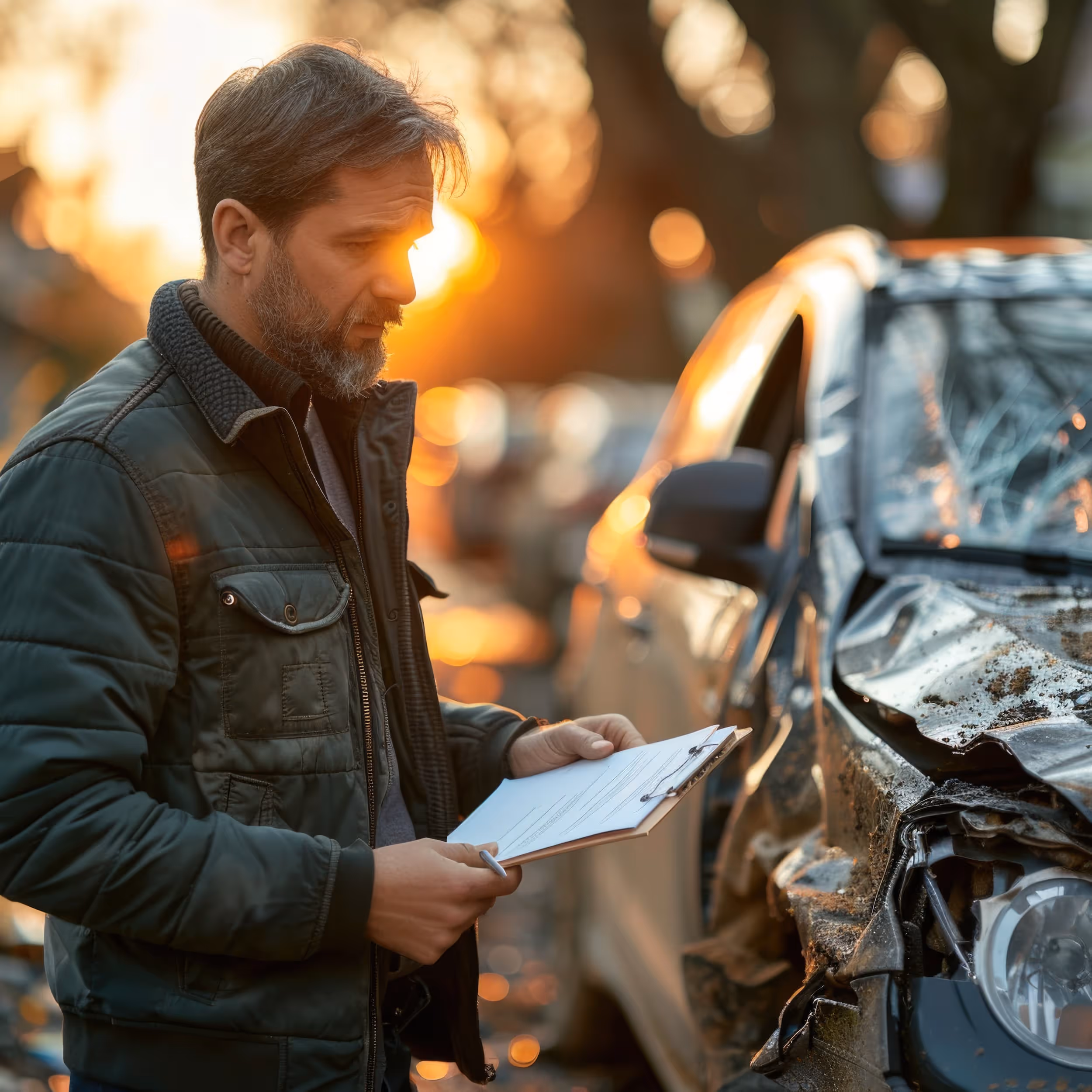 Man with clipboard inspecting a severely damaged car at sunset outdoors.