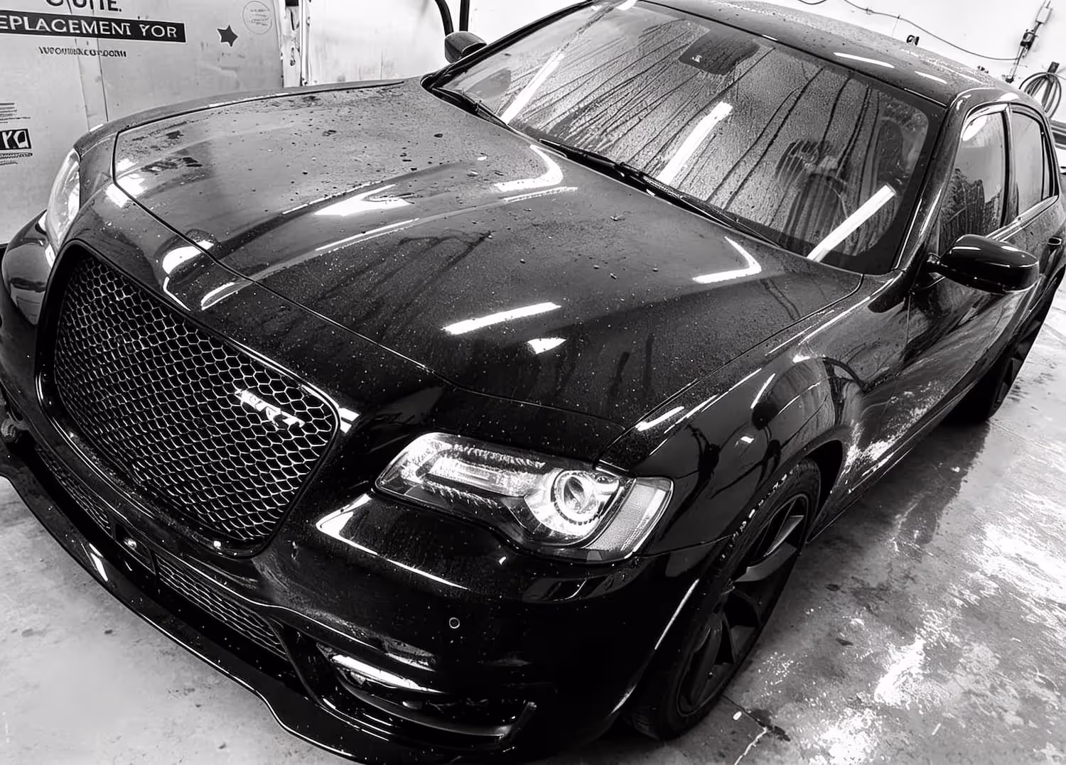 Black luxury sedan with water droplets on hood and windshield inside a workshop.
