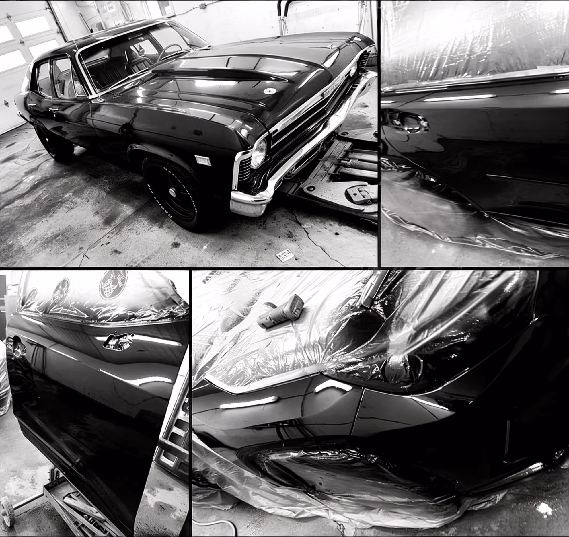 Collage of a glossy black vintage car in a workshop from various angles and close-ups.