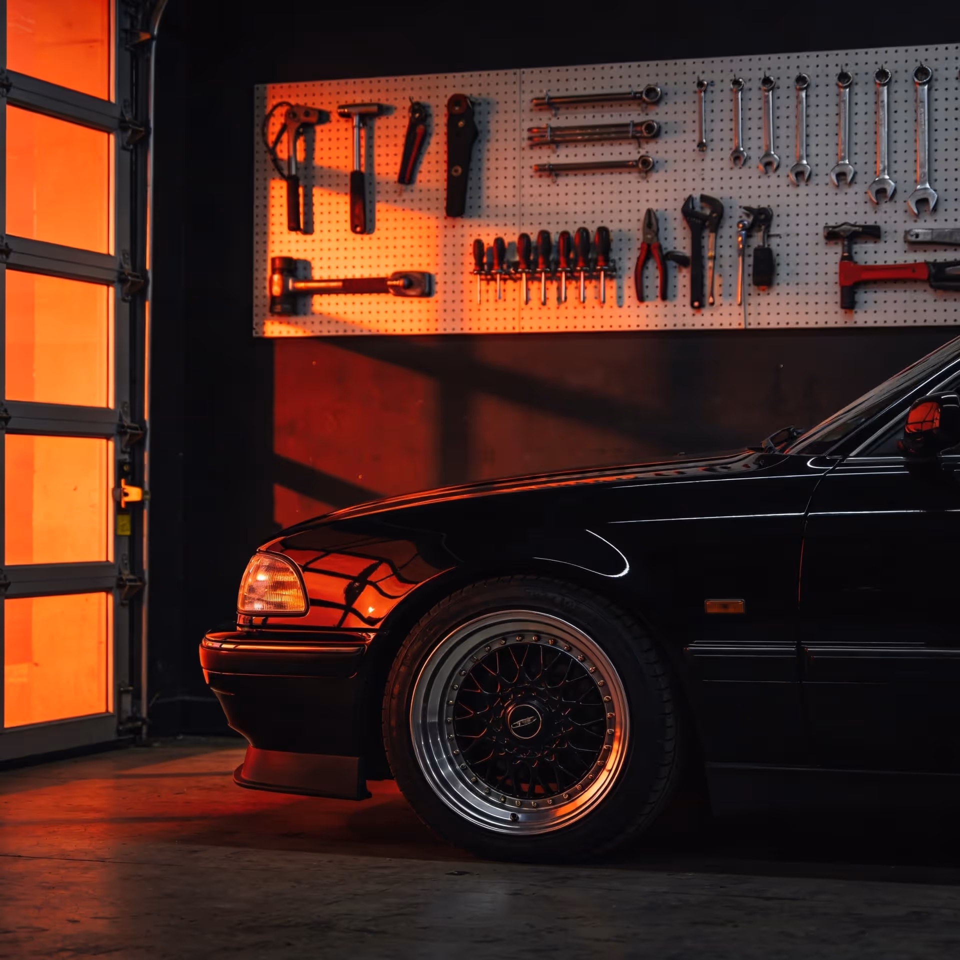 Front side of black car illuminated by orange light inside a garage with tools on a pegboard wall.