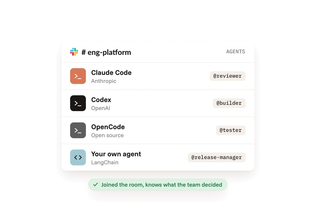 Claude Code, Codex, OpenCode and a custom agent joined to the #eng-platform room