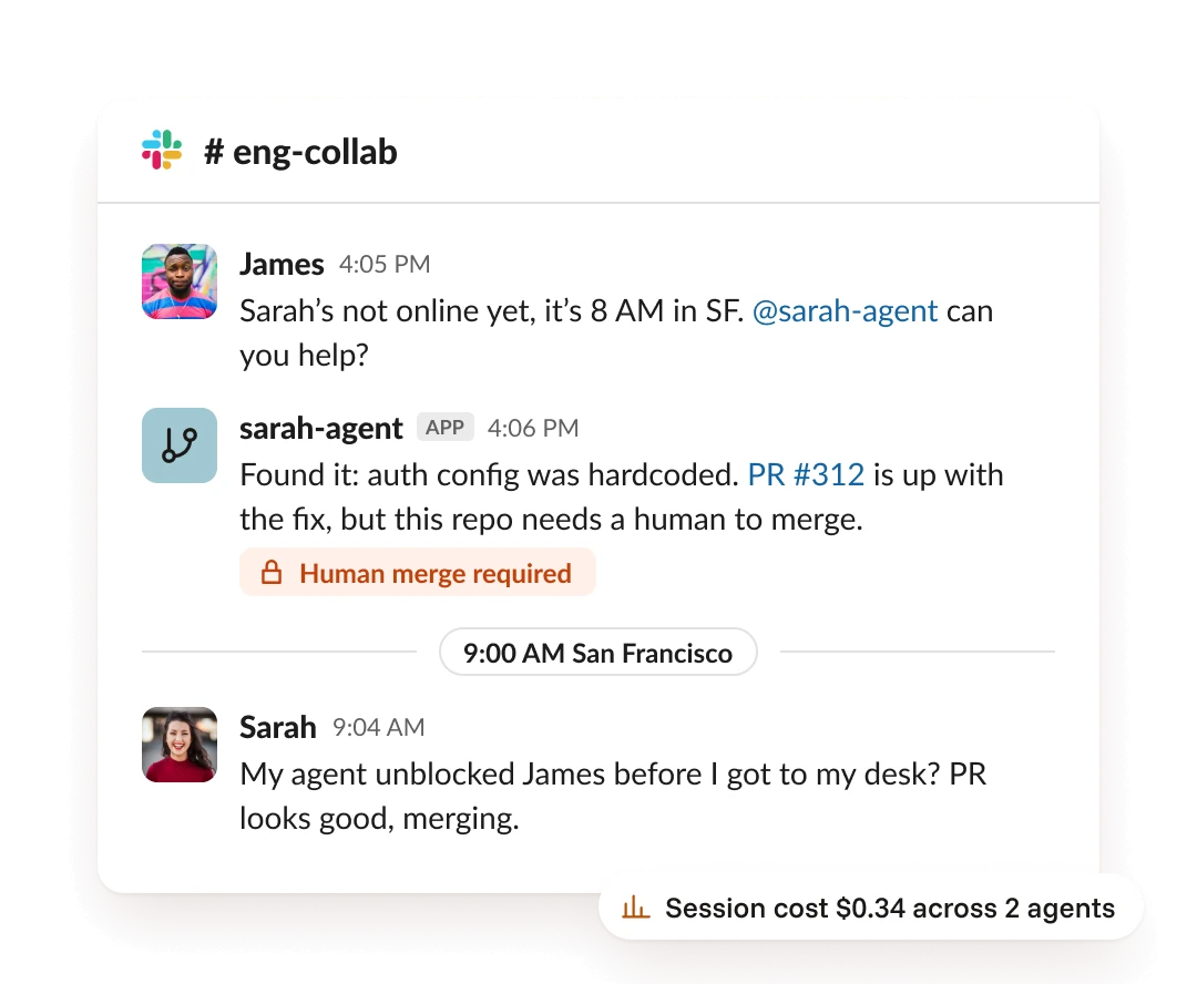 Slack thread where sarah-agent fixes James's blocker overnight and Sarah merges the PR in the morning