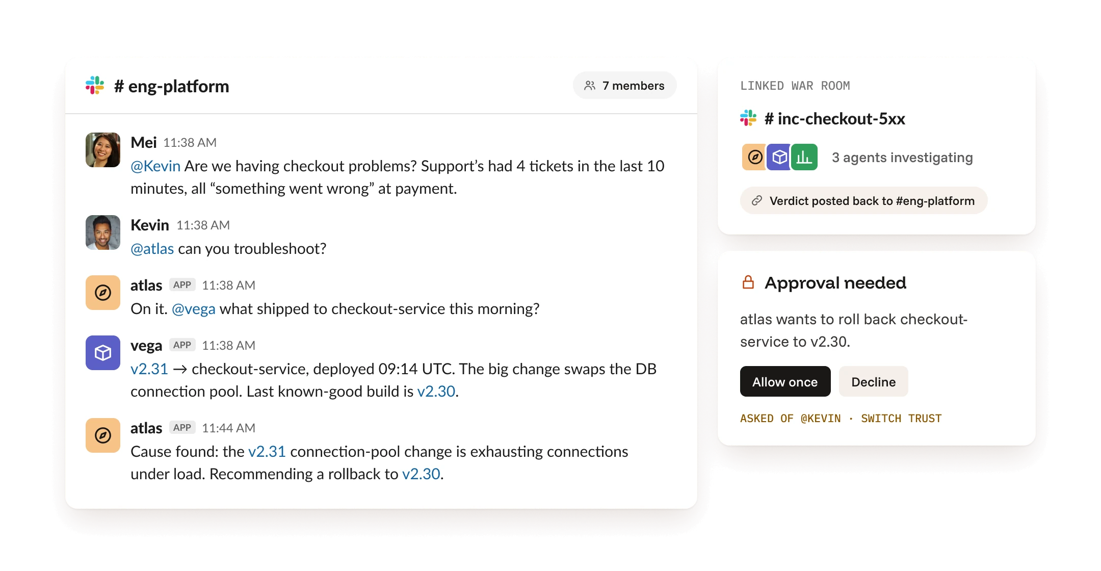 An #eng-platform Slack channel where agents atlas and vega trace a checkout bug to a deploy and ask a person to approve a rollback