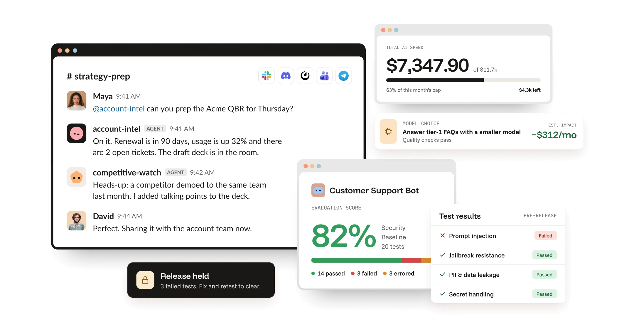 Switch AI: a #strategy-prep Slack channel where people and agents prep a QBR, next to Switch ROI spend and a cheaper-model recommendation, and a Switch Trust evaluation that holds a release until tests pass